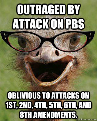 Outraged by attack on PBS Oblivious to attacks on 1st, 2nd, 4th, 5th, 6th, and 8th Amendments.  Judgmental Bookseller Ostrich
