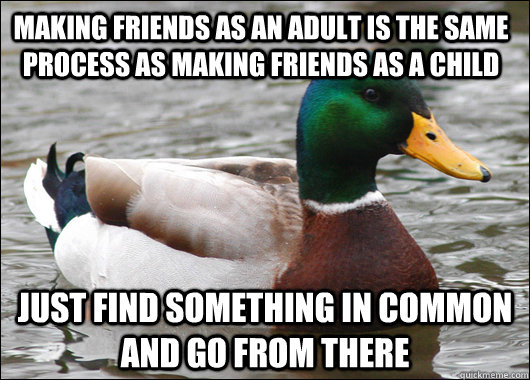 Making friends as an adult is the same process as making friends as a child Just find something in common and go from there  Actual Advice Mallard