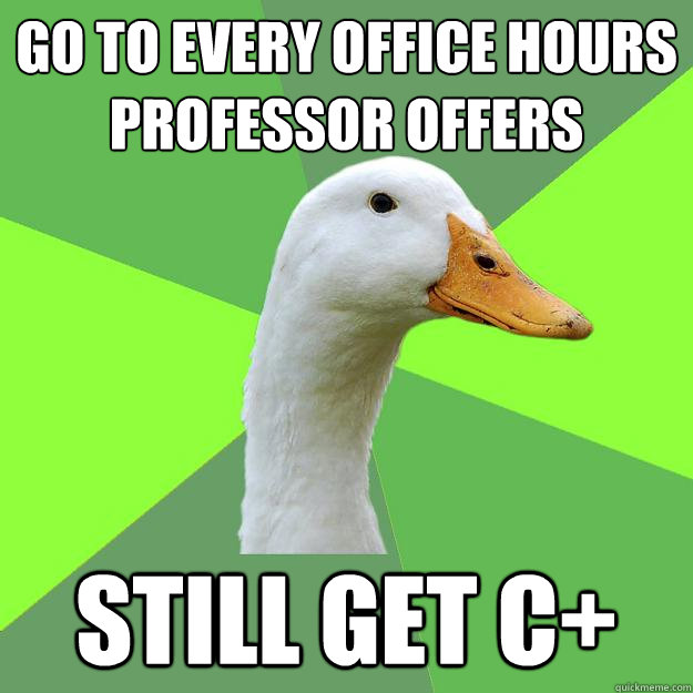 Go to Every office hours professor offers Still get c+  Biology Student Duck