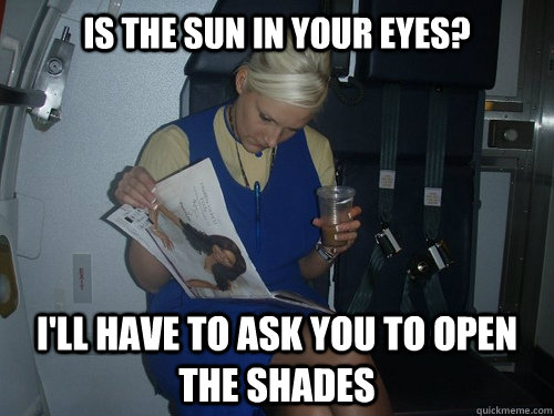 is the sun in your eyes? i'll have to ask you to open the shades  Caring Cabin Crew