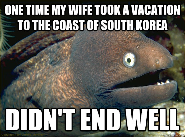 one time my wife took a vacation to the coast of south korea didn't end well  Bad Joke Eel