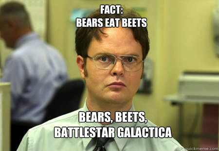 Fact:
Bears eat beets Bears, Beets,
Battlestar galactica - Fact:
Bears eat beets Bears, Beets,
Battlestar galactica  Schrute