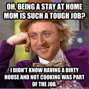 Oh, Being a stay at home mom is such a tough job? I didn't know having a dirty house and not cooking was part of the job.  Condescending Wonka
