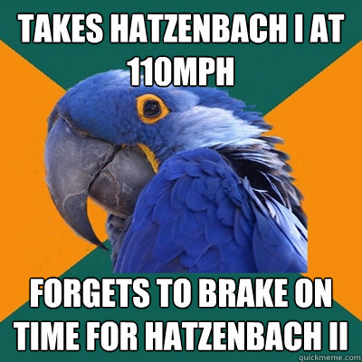 Takes Hatzenbach I at 110mph Forgets to brake on time for Hatzenbach II  Paranoid Parrot
