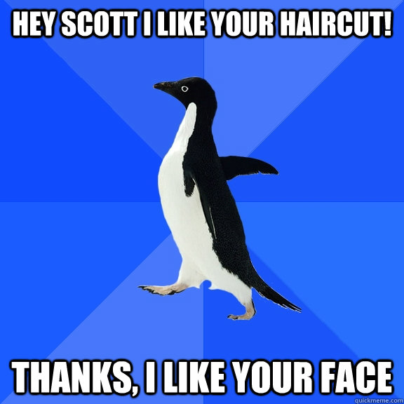 Hey Scott I like your haircut! Thanks, I like your face  Socially Awkward Penguin