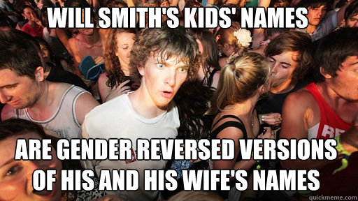 will smith's kids' names
 are gender reversed versions of his and his wife's names  Sudden Clarity Clarence