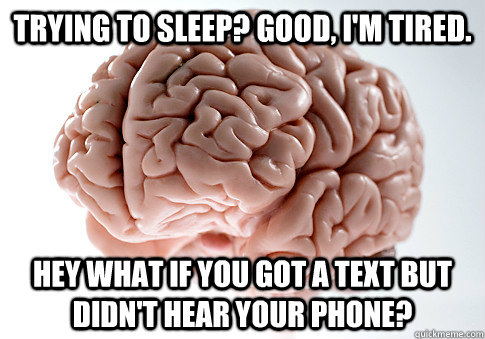 Trying to sleep? Good, I'm tired. Hey what if you got a text but didn't hear your phone?  Scumbag Brain