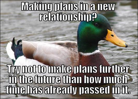 MAKING PLANS IN A NEW RELATIONSHIP? TRY NOT TO MAKE PLANS FURTHER IN THE FUTURE THAN HOW MUCH TIME HAS ALREADY PASSED IN IT. Actual Advice Mallard