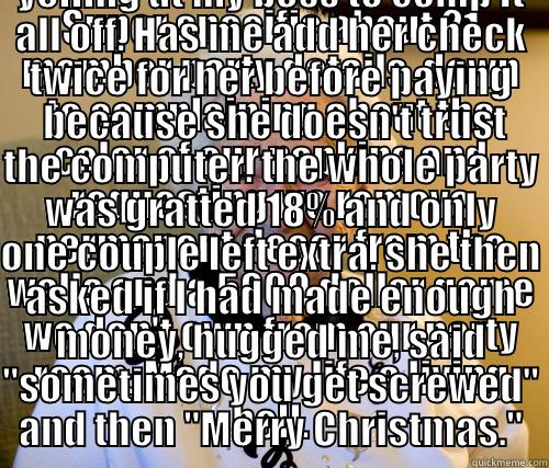 SUPER SPECIFIC ABOUT 21 MEMBER PARTY DETAILS, DOWN TO COMPLAINING ABOUT THE COLOR OF OUR NAPKINS AND REQUESTING WE REMOVE PERMANENT DECOR FROM THE WALLS AND A 5000 DOLLAR GAME WE DON'T OWN FROM OUR PARTY ROOM. MADE MY LIFE A LIVING HELL. WAITS UNTIL TIME FOR CHECKS TO REMEBER SHE WAS 