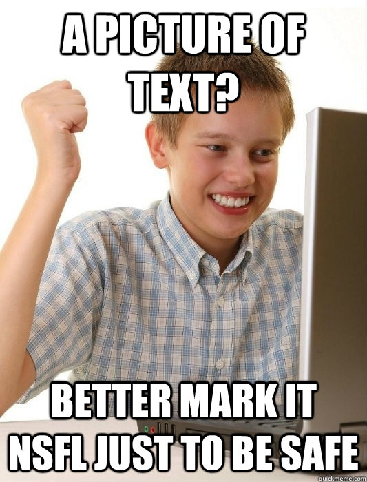 A picture of text? Better mark it NSFL just to be safe  First Day on the Internet Kid
