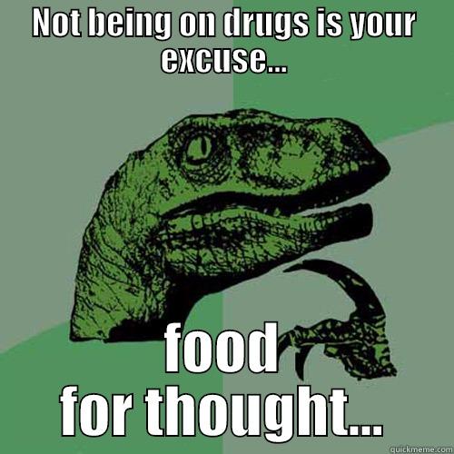 NOT BEING ON DRUGS IS YOUR EXCUSE... FOOD FOR THOUGHT... Philosoraptor