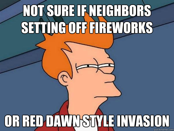 not sure if neighbors setting off fireworks or Red dawn style invasion  Futurama Fry