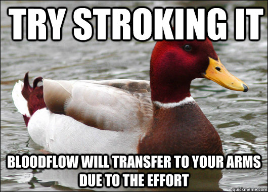 Try stroking it bloodflow will transfer to your arms due to the effort  Malicious Advice Mallard