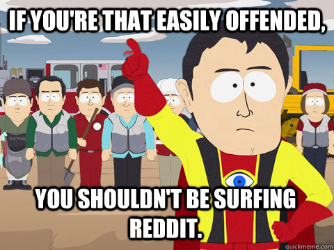 If you're THAT easily offended,  You shouldn't be surfing Reddit.  Captain Hindsight