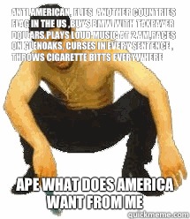 Anti American, flies  another countries flag in the us ,buys BMW with taxpayer dollars,plays loud music at 2 AM,races on Glenoaks, curses in every sentence , throws cigarette bitts everywhere  Ape what does America want from me   Rabiz Razmik