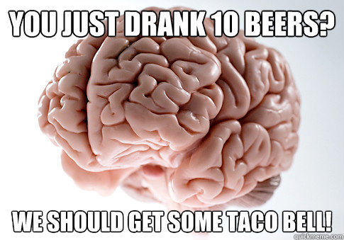 You just drank 10 beers? we should get some taco bell! - You just drank 10 beers? we should get some taco bell!  Scumbag Brain