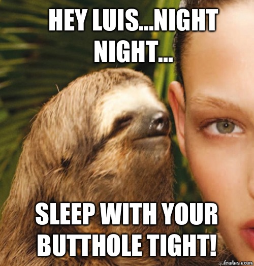 Hey luis...Night night... Sleep with your butthole tight!  rape sloth