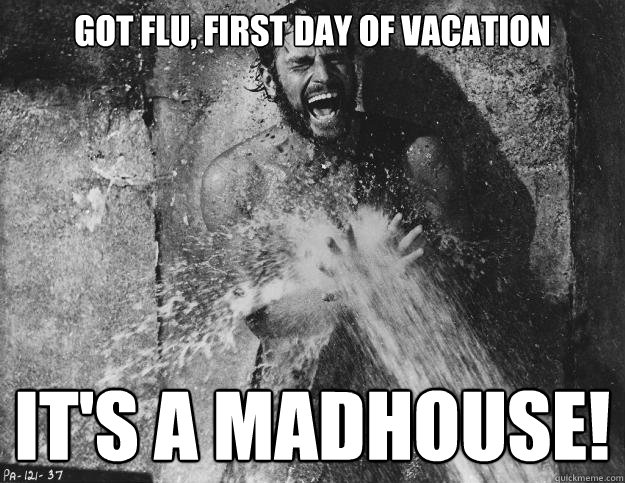 got flu, first day of vacation IT'S A MADHOUSE!  
