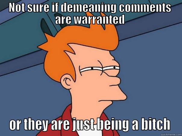 NOT SURE IF DEMEANING COMMENTS ARE WARRANTED OR THEY ARE JUST BEING A BITCH Futurama Fry