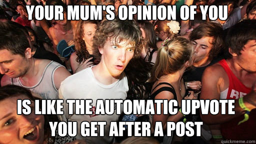 Your mum's opinion of you is like the automatic upvote you get after a post  Sudden Clarity Clarence