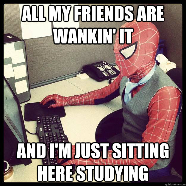 All my friends are wankin' it and i'm just sitting here studying  Business Spiderman