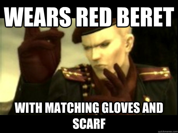 wears red beret  with matching gloves and scarf  