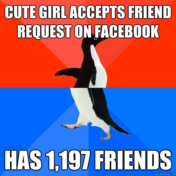 Cute girl accepts friend request on facebook has 1,197 friends  Socially Awesome Awkward Penguin