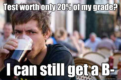 Test worth only 20% of my grade? I can still get a B-  Lazy College Senior