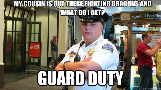My Cousin is out there fighting dragons and what do I get? Guard duty  Guard duty