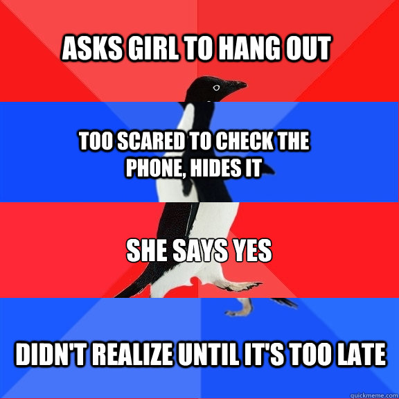 Asks girl to hang out Too scared to check the phone, hides it She says yes Didn't realize until it's too late  Socially Awesome Awkward Awesome Awkward Penguin