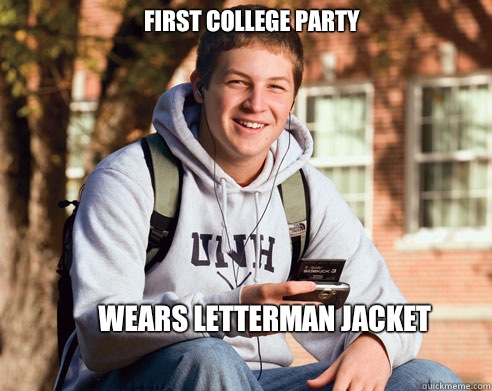 First college party Wears letterman jacket  College Freshman