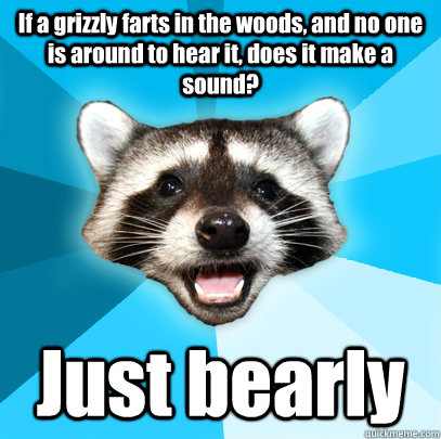 If a grizzly farts in the woods, and no one is around to hear it, does it make a sound? Just bearly  Lame Pun Coon