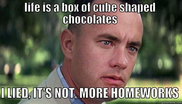 COme on it's funny - LIFE IS A BOX OF CUBE SHAPED CHOCOLATES  I LIED, IT'S NOT, MORE HOMEWORKS Offensive Forrest Gump