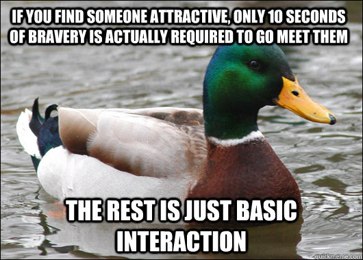 If you find someone attractive, only 10 seconds of bravery is actually required to go meet them the rest is just basic interaction  Actual Advice Mallard