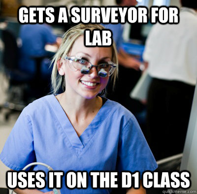 Gets a Surveyor for LAB Uses it on the D1 Class  overworked dental student