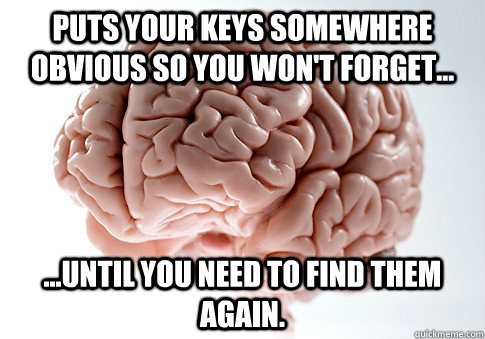 puts your keys somewhere obvious so you won't forget... ...until you need to find them again.  Scumbag Brain
