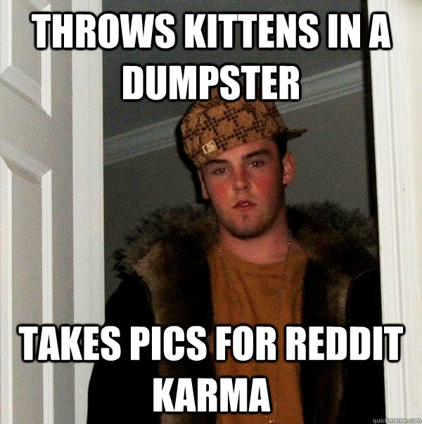 Throws kittens in a dumpster Takes pics for reddit karma - Throws kittens in a dumpster Takes pics for reddit karma  Scumbag Steve
