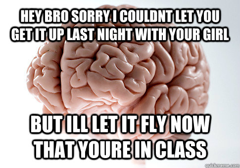 Hey bro sorry i couldnt let you get it up last night with your girl But ill let it fly now that youre in class  Get the [AdviceAnimals Chrome extension!](http://www.livememe.com/extension)  Scumbag Brain