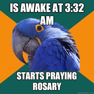 Is awake at 3:32 AM Starts praying rosary  Paranoid Parrot