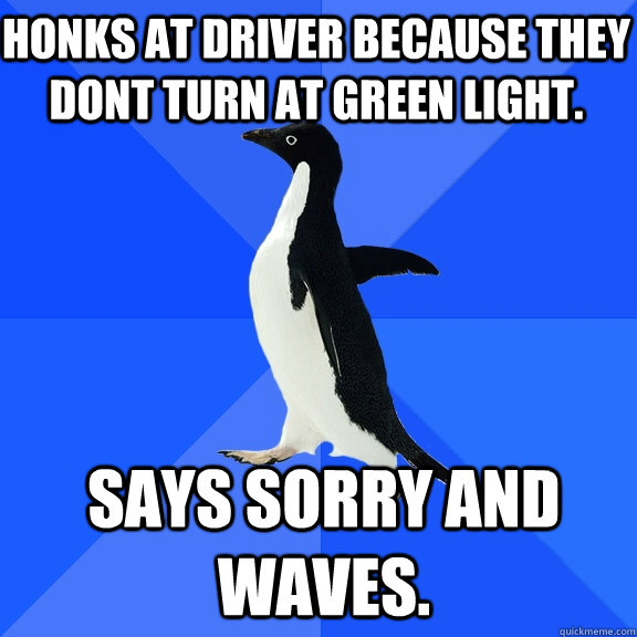Honks at driver because they dont turn at green light. Says sorry and waves.  Socially Awkward Penguin