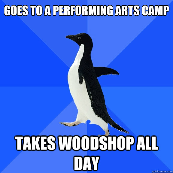 Goes to a performing arts camp takes woodshop all day    Socially Awkward Penguin