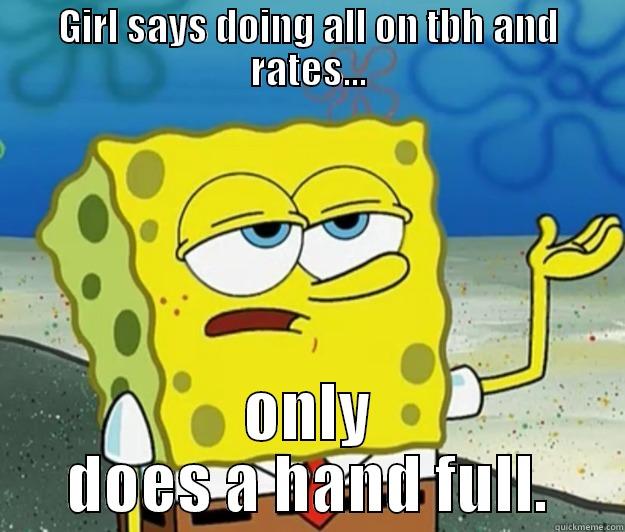 GIRL SAYS DOING ALL ON TBH AND RATES... ONLY DOES A HAND FULL. Tough Spongebob