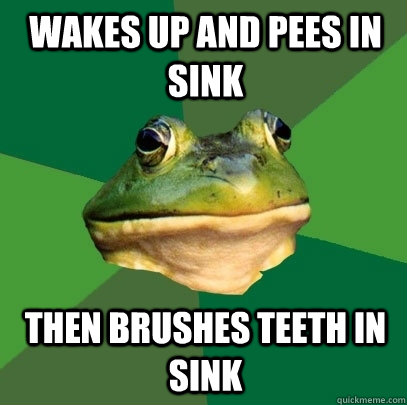 Wakes up and pees in sink then brushes teeth in sink  Foul Bachelor Frog
