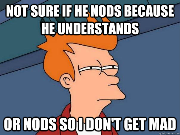 Not sure if he nods because he understands or nods so I don't get mad - Not sure if he nods because he understands or nods so I don't get mad  Futurama Fry