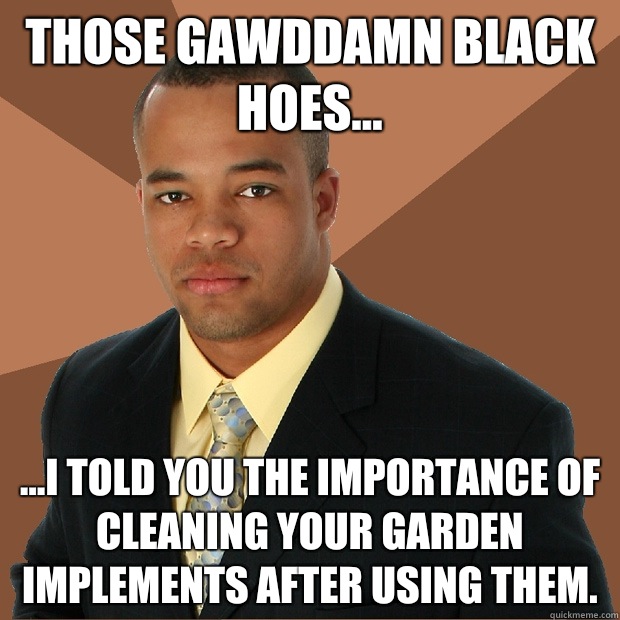 Those gawddamn black hoes... ...I told you the importance of cleaning your garden implements after using them.  Successful Black Man