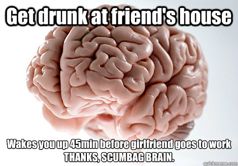 Get drunk at friend's house Wakes you up 45min before girlfriend goes to work
THANKS, SCUMBAG BRAIN.   Scumbag Brain