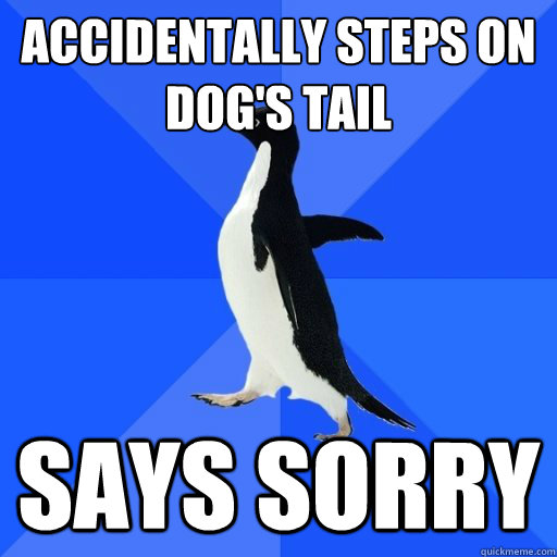 Accidentally Steps on dog's tail
 Says sorry - Accidentally Steps on dog's tail
 Says sorry  socially akward penguin