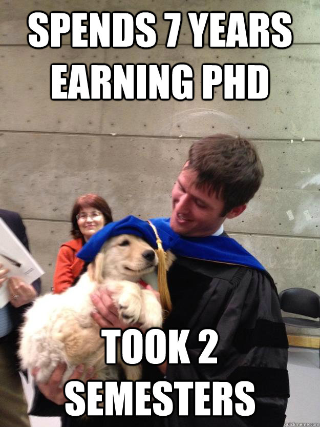 Spends 7 years earning PHD Took 2 semesters - Spends 7 years earning PHD Took 2 semesters  Misc