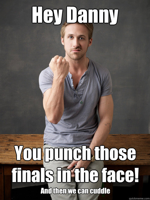 Hey Danny  You punch those finals in the face! And then we can cuddle  Ryan Gosling Punch Finals