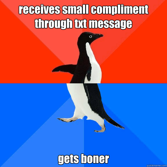receives small compliment through txt message  gets boner  Socially Awesome Awkward Penguin